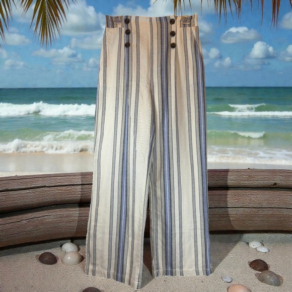 Ciso Pants - Ci Sono Linen Blend Wide Leg Pants Medium Blue Ivory Button Detail Coastal Style